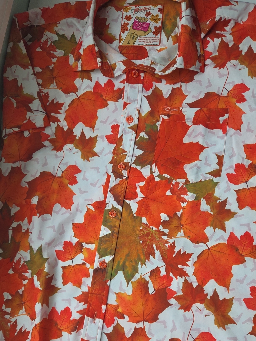 Retro Rifle Orange and Green Maple-Print Button-Down Shirt